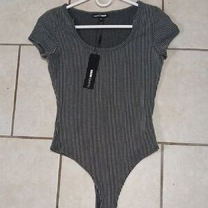 FASHION NOVA Womens Size M Black & Grey Monochrome Striped Bodysuit NWT